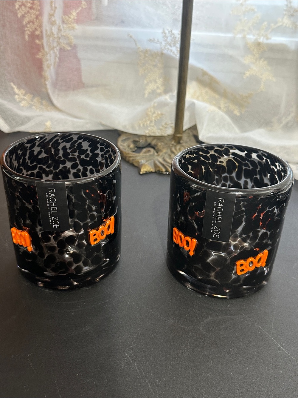 Rachel Zoe set of 2 Halloween boo black confetti glasses